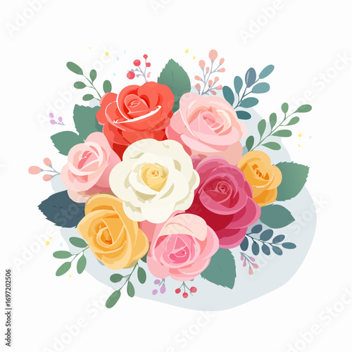 Joli bouquet de roses de plusieurs couleurs, sur fond blanc