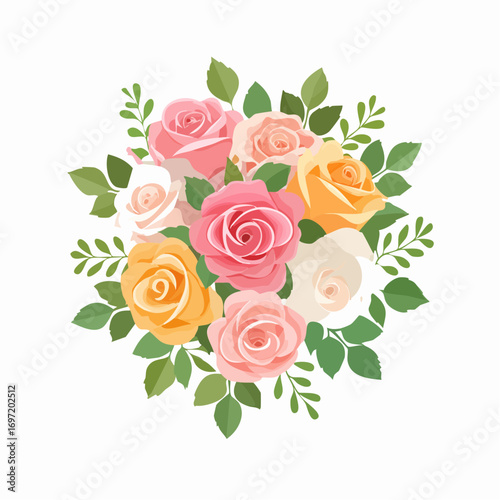 Joli bouquet de roses de plusieurs couleurs, sur fond blanc