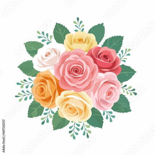 Joli bouquet de roses de plusieurs couleurs, sur fond blanc