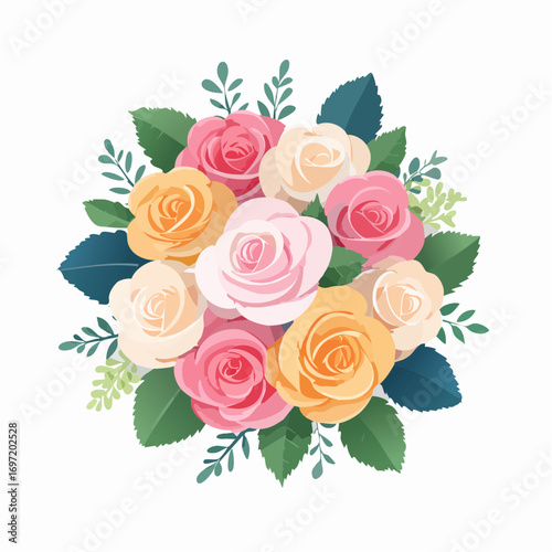 Joli bouquet de roses de plusieurs couleurs, sur fond blanc