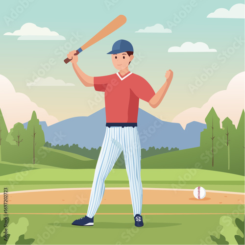Joueur de baseball, extérieur, jolie illustration naïve