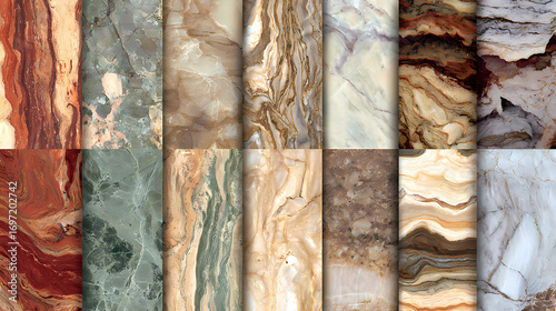 Elegant collection of diverse marble and onyx stone backgrounds. Natural geological patterns with colorful veins for luxurious interior design