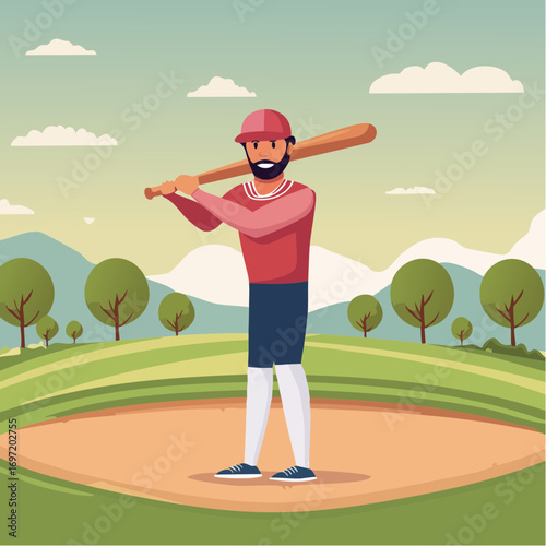 Joueur de baseball, extérieur, jolie illustration naïve