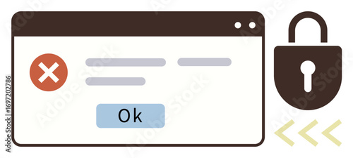 Error notification window with red cross icon, OK button, and lock icon. Ideal for security, authentication, access, error handling, technology privacy online protection. Simple flat metaphor