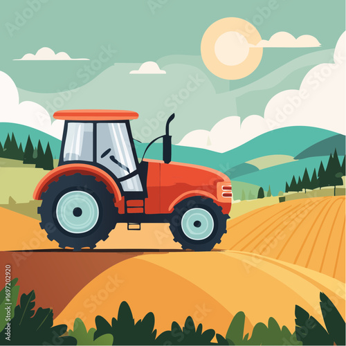 Un joli tracteur agricole, en pleine campagne, vue de profil, journée ensoleillée