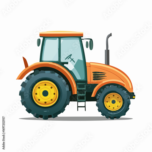 Joli tracteur coloré vue de profil,  fond blanc, engin agricole