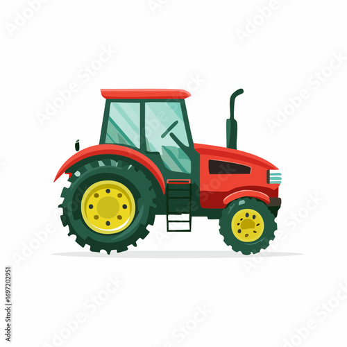 Joli tracteur coloré vue de profil,  fond blanc, engin agricole