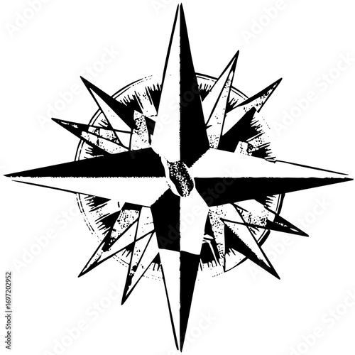 Vector Detailed black compass rose with pointed arms.