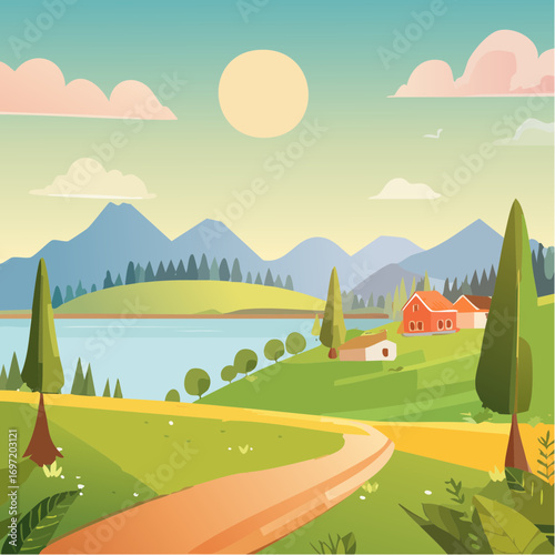 Joli paysage bucolique, campagne, soleil, ciel bleu, montagnes, nature, culures