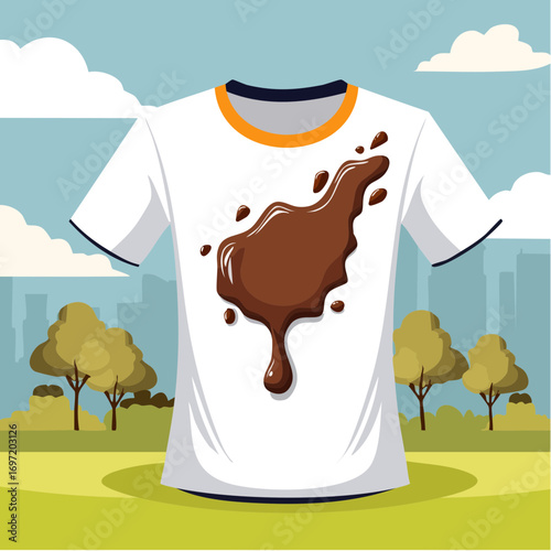 T-shirt blanc, grosse tâche de chocolat, extérieur nature