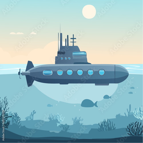 jolie illustration d'un sous-marin en surface, naïf,océan 