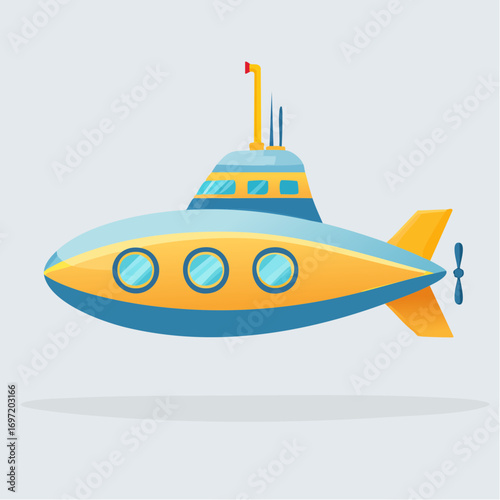 sous-marin bleu et jaune, illustration, fond clair uni