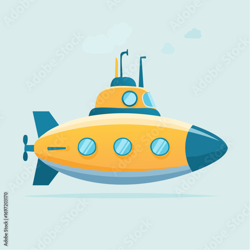 sous-marin bleu et jaune, illustration, fond clair uni