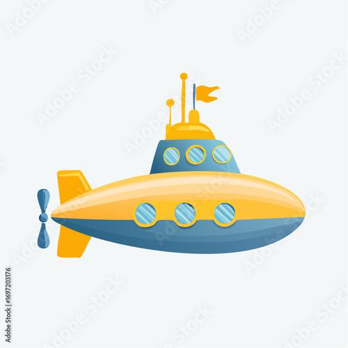 sous-marin bleu et jaune, illustration, fond clair uni