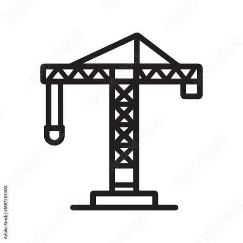 Black Outline Icon of a Construction Crane on a White Background