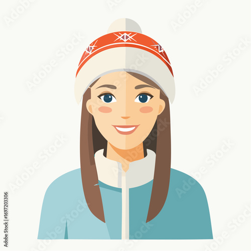 Jeune femme souriante, type européenne, habillée chaudement pour l'hiver, arrière plan blanc