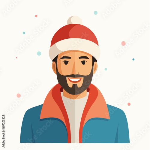 Jeune homme souriant, barbu, portrait, habillé chaudement, tenue d'hiver, fond blanc, type caucasien