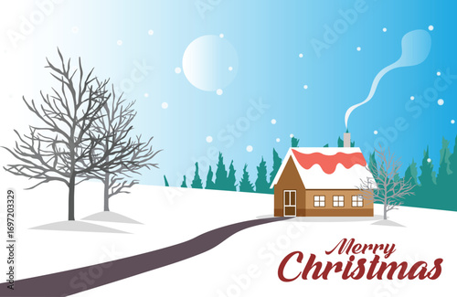 House in the snow forest. Modern gradient-style Christmas and winter illustration featuring snow, pine trees, and festive elements. Perfect for greeting cards, backgrounds, and holiday promotions.