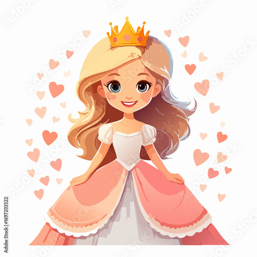 Jolie princesse souriante blonde, portant sa couronne ainsi qu'une très jolie robe, féminité, enfantin, illustration