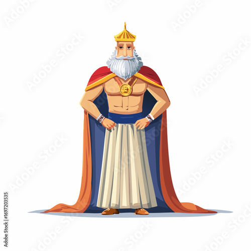 Illustration style dessin animé d'un roi torse nu, portant une longue tunique et sa couronne, type Perse, oriental, barbe blanche, fond blanc