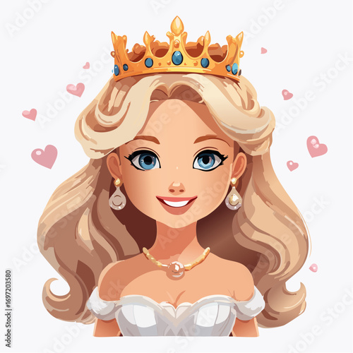 Jolie Princesse blonde aux yeux bleus, souriante,  portant une très belle couronne, style dessin animé, fond blanc