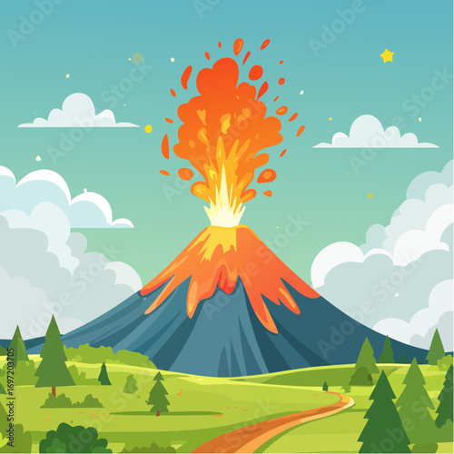 Jolie illustration d'un volcan en éruption, lave, nature, végétation, explosion