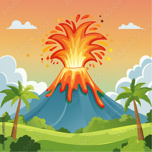 Jolie illustration d'un volcan en éruption, lave, nature, végétation, explosion