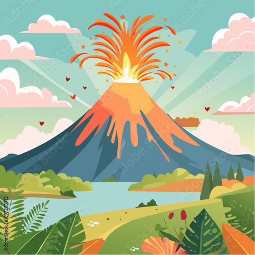 Jolie illustration d'un volcan en éruption, lave, nature, végétation, explosion