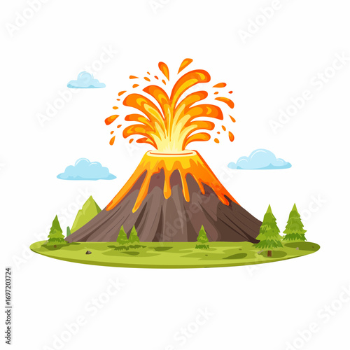 Joli volcan en éruption, arrière plan blanc uni