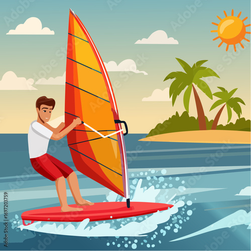 Véliplanchiste qui s'éclate sur l'océan, coloré, plaisir nautique, planche à voile
