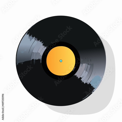 Disque vinyle 33 tours, noir, vue du dessus, centre orange jaune dégradé, arrière plan blanc uni