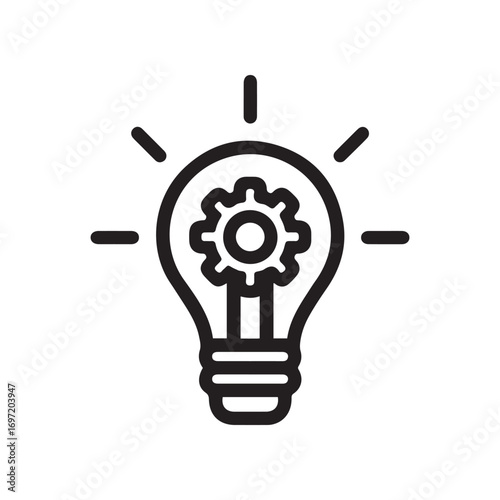 Black outline of lightbulb with gear inside on white