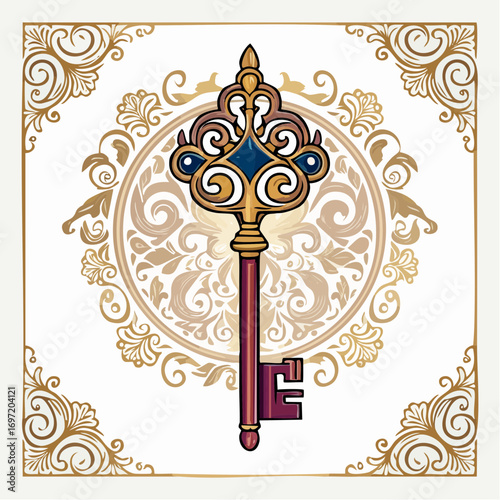 Très jolie clé dorée ancienne, illustration avec graphisme doré,  