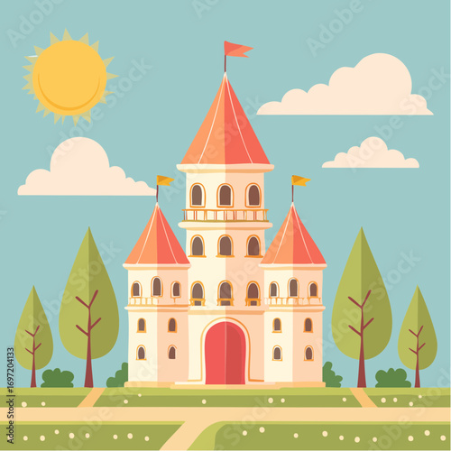 Sorte de très joli château ou palais, enfantin, coloré, minimaliste, journée ensoleillée