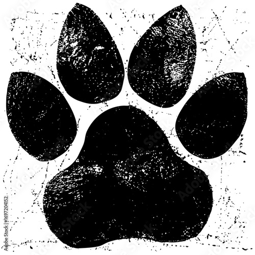 Vector Detailed black paw print with textured details.