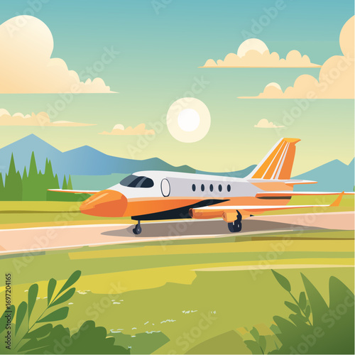 Avion de ligne, avion commercial prêt au décollage sur la piste, arrière plan nature, coloré