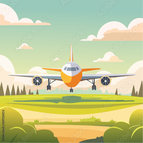 Avion de ligne, avion commercial à l'atterrissage, arrière plan nature, coloré
