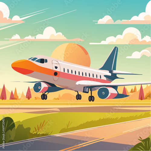 Avion de ligne, avion commercial au décollage, arrière plan nature, coloré