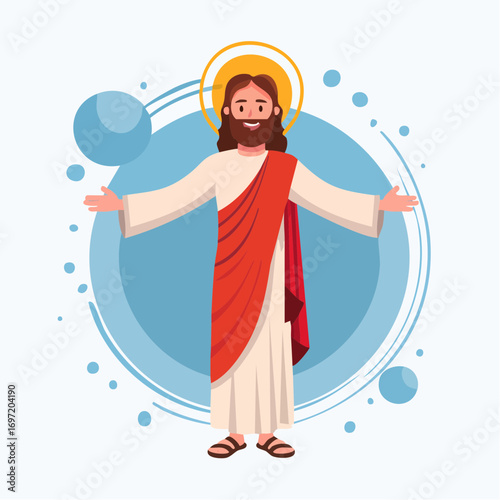 Un prophète barbu, bras ouvert, religion, croyance, toge blanche et rouge