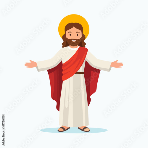 Un prophète barbu, bras ouvert, religion, croyance, toge blanche et rouge