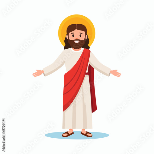 Un prophète barbu, bras ouvert, religion, croyance, toge blanche et rouge