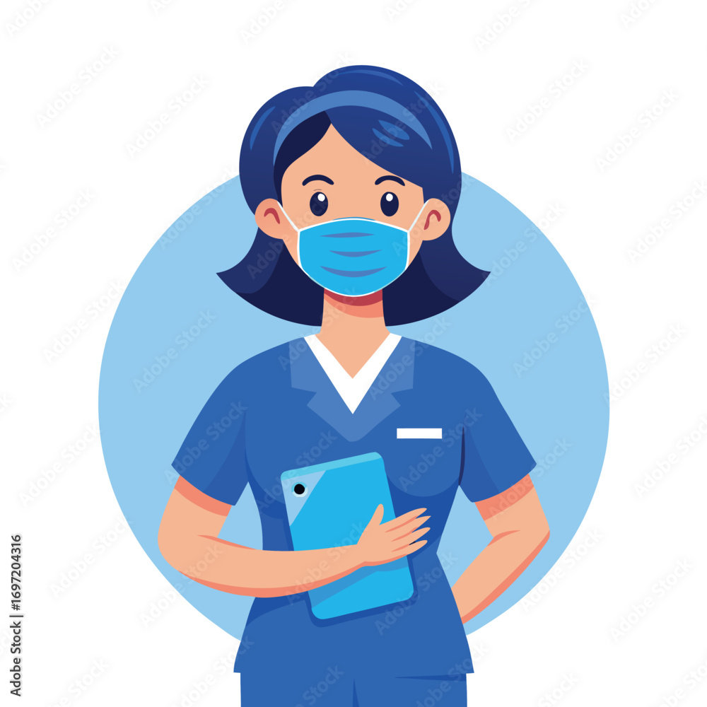 Fototapeta premium Illustration of a nurse wearing a mask and holding a tablet