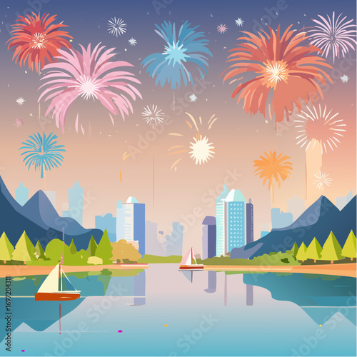 Sublime feu d'artifice, coloré, la ville en arrière plan et la nature