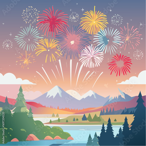 Sublime feu d'artifice, coloré, nature, montagnes, fleuve