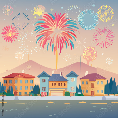 Sublime feu d'artifice, coloré, la ville en arrière plan et la nature
