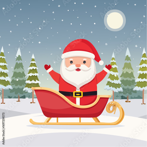 Père Noël et son traineau dans la forêt enneigée qui sourit 