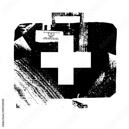 Vector Distressed medical emblem with a central cross symbol.