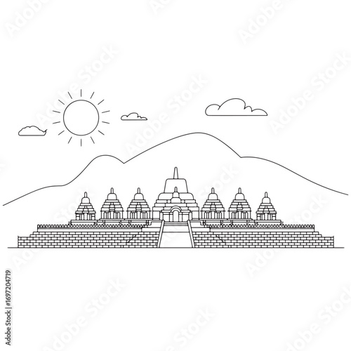 Borobudur Temple Illustration A Serene Landscape with Ancient Architecture in Southeast Asia, Featuring Mountains and Sun