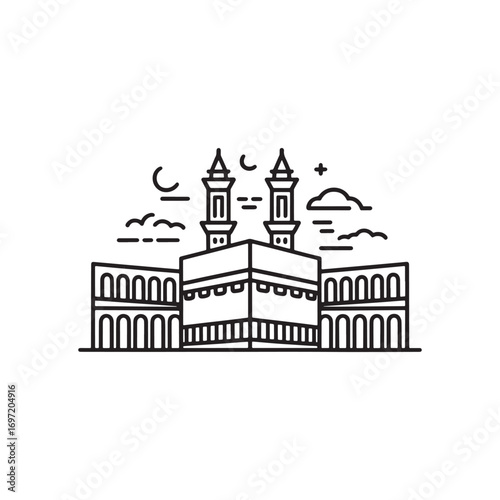 Minimalist Line Art of the Holy Kaaba in Mecca with Surrounding Structures and Celestial Elements