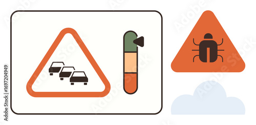 Warning signs showing traffic congestion and bug hazard with color-coded indicators for danger levels. Ideal for safety, transport, pollution alerts, nature impact, hazard awareness, road safety